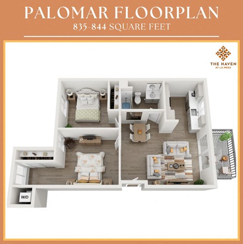 Floor plan for 2 beds, 1 bath, 844 sqft